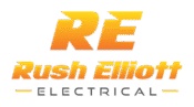 Logo reading: RE Rush Elliott Electrical in colors yellow to orange ombre with transparent background
