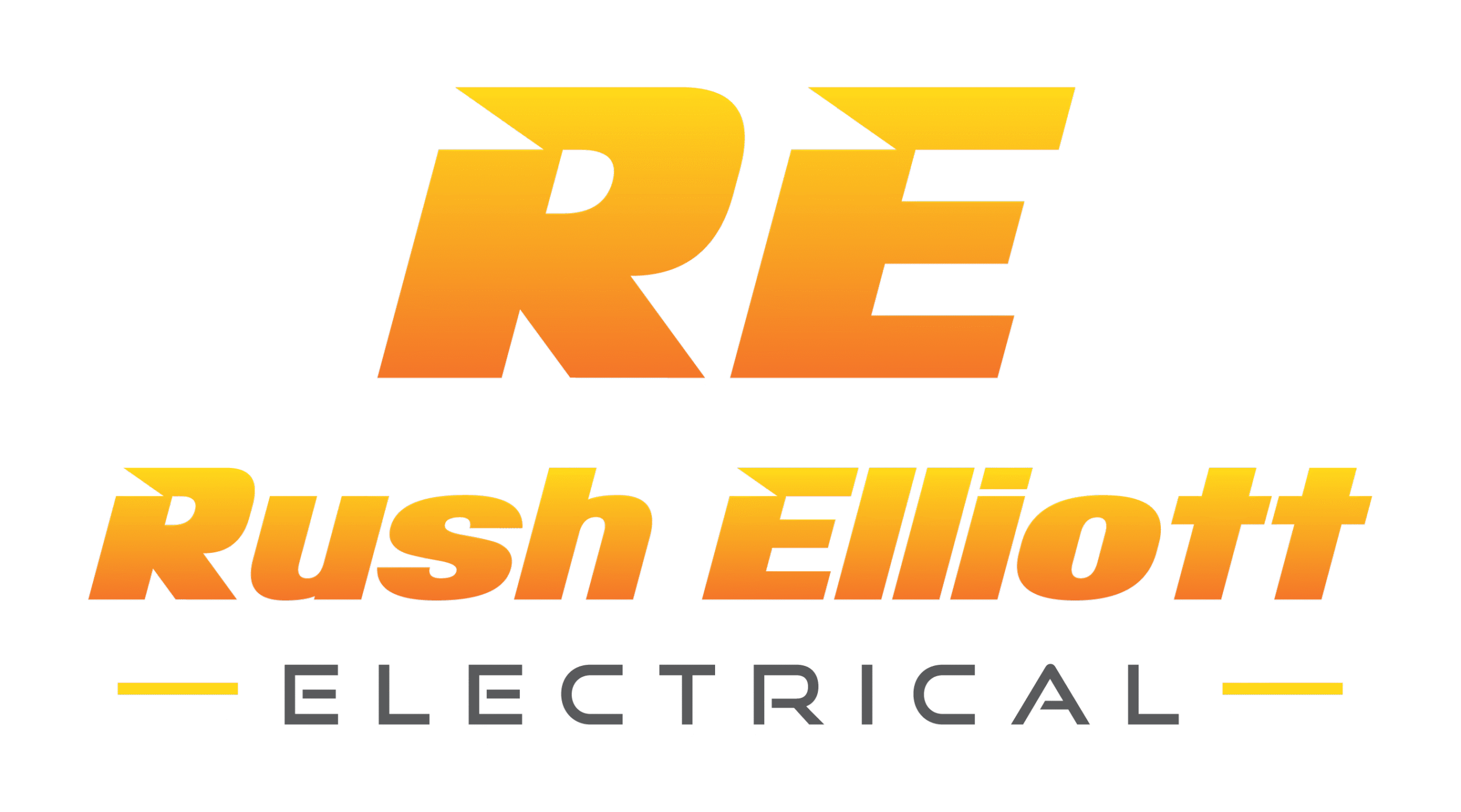 Logo reading: RE Rush Elliott Electrical in colors yellow to orange ombre with transparent background